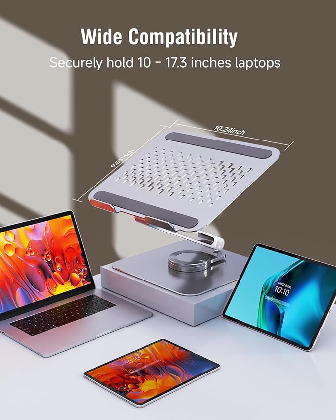 Adjustable Laptop Stand for Desk, 360° Rotating Base Portable Laptop Stand, Aluminum Alloy Foldable Computer Printer Riser Holder for Office Home Fits MacBook Air Pro, HP (10-17.3'') - Silver