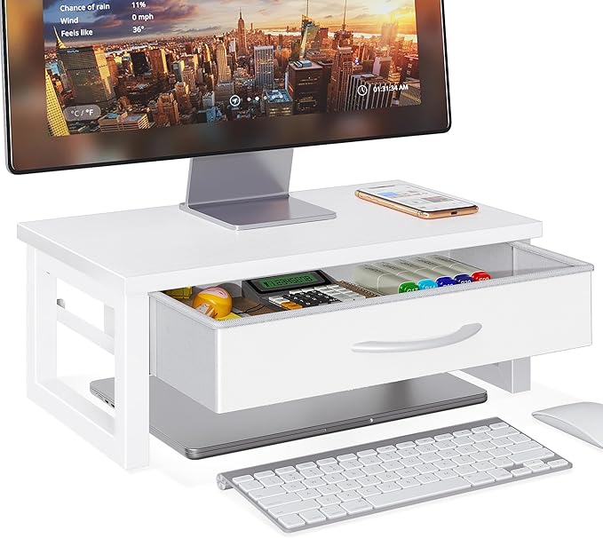 Desk Organizers and Accessories, Computer Monitor Stand Riser with Drawer, White Laptop Stand for Desk with Storage, Office Organization, Wood