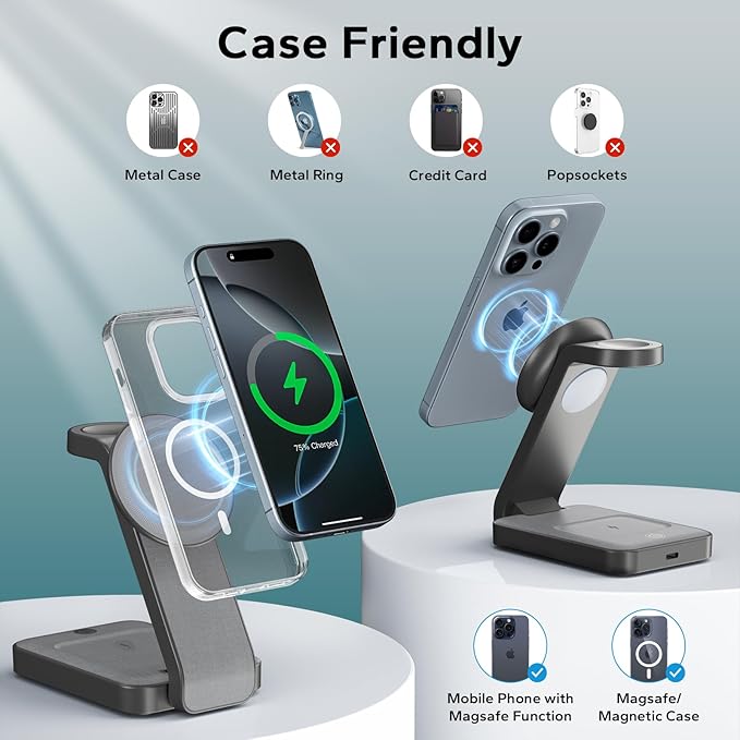 3 in 1 Foldable Wireless Charging Station for MagSafe, Nightstand Magnetic Charger Stand for iPhone 17 16 15 14 Pro Max, Travel Charging Dock with Night Light for Apple Watch/AirPods (Gray)