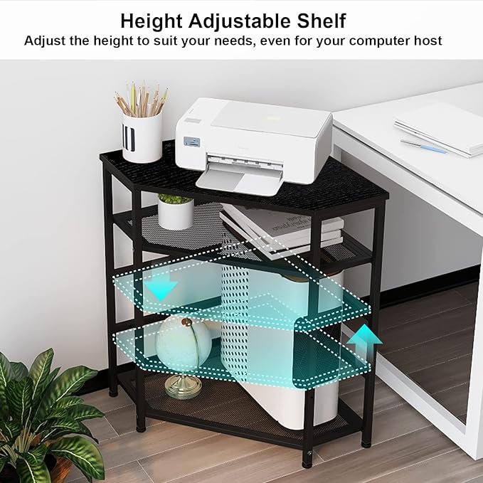 VEDECASA Corner Printer Stand Table with Power Outlet Charging Plugs USB Port Adjustable Storage Shelf Computer Tower CPU Stand Holder for Home Office (Black)