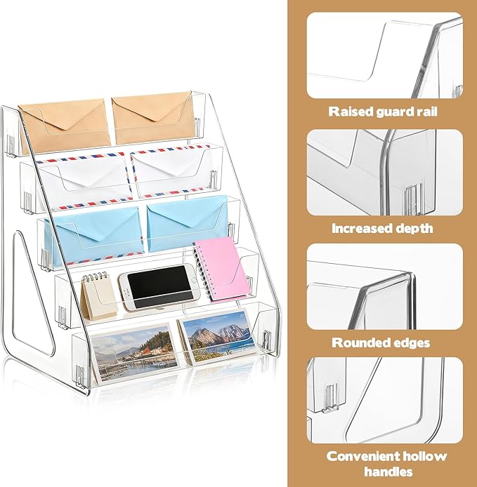 5-Tier Mail Organizer Countertop Laddered Acrylic File Mail Desktop Organizer Sorters Clear Letter Holder Multifunctional Desk File Storage Holders Envelope Folder Racks for Office Home School