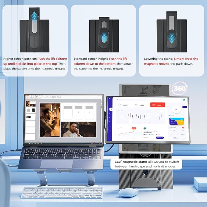 Laptop Screen Monitor Extender,1080P FHD Portable Monitor for Laptop, Built-in Speaker and Adjustable Backstand, Triple Screen Extender Compatible with Wins/MacOS/Chrome (Black, Dual-16Inch)