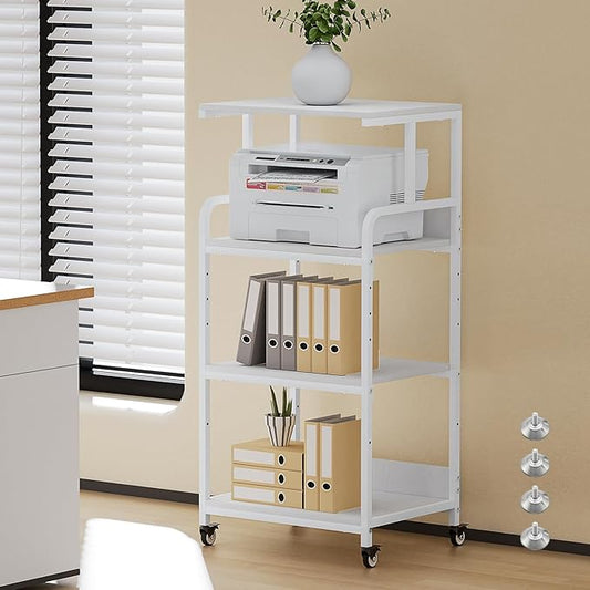 4-Tier White Printer Stand with Wheels, Extra Large Tall Printer Table with Storage Shelf, 4 Tier Printer Cart, Home Printer Stands (White)