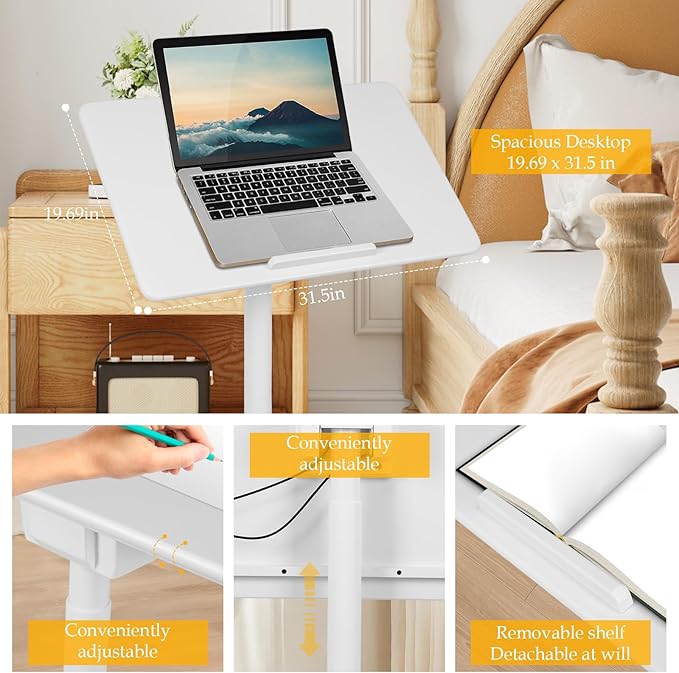 Mobile Sit Stand Laptop Desk with Wheels - Height Adjustable Pneumatic Rolling Workstation, Foldable Solid Wood Home Office Table