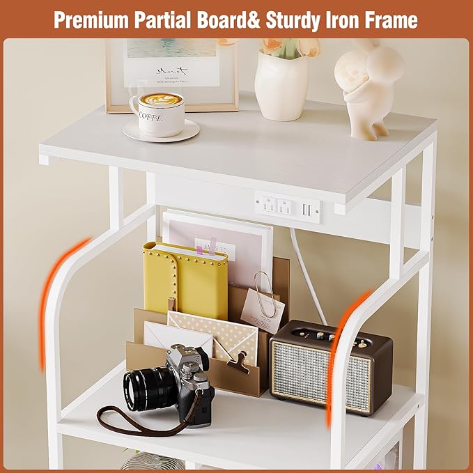 VEDECASA Mobile High Printer Stand with Power Outlet Charging Plugs USB Port Office Storage Shelf Includes Computer Tower CPU Stand Holder with Wheel (White)