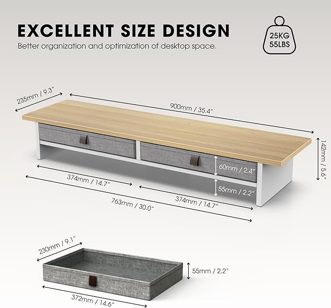 Fenge Monitor Stand with Drawer, 2 Tiers Dual Monitor Riser for Desk, 35 Inch Computer Stand for 2 Monitors, Desk Shelf for Home, Office, Laptop, PC, TV, Printer