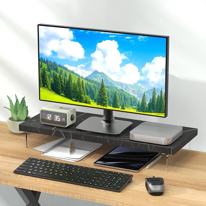 Dual Monitor Stand Riser, 40" Large Computer Monitor Stands for 2 Monitors, Wooden Desktop Organizer Shelf for Office Desk Computer, Laptop, TV, Monitor, Printer