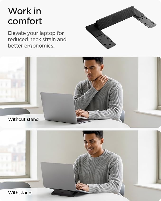 Spigen Slim Fold Adhesive Laptop Stand Foldable Portable Dual Ergonomic Angle Adjustment Lift Anti-Slip Compatible with MacBook Pro, MacBook Air 11"-16" and More - Black (LD201-S1)