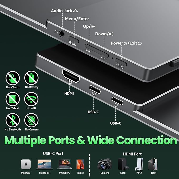 cocopar Portable Monitor 15.6'' 1080P 60Hz 85% sRGB IPS Travel Monitor with USB-C HDMI Portable Screen for Laptop MacBook Surface PC PS4/5 External Display with Kickstand, VESA Mountable