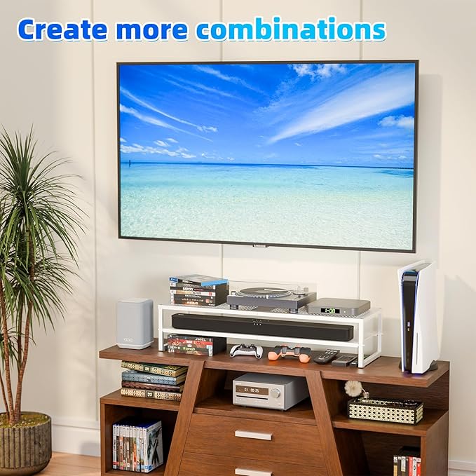 Simple Trending 2 Tier Metal Dual Monitor Stand Riser, Computer Office Desktop Organizer for 2 Monitors with 32"x10" Mouse Pad for Laptop, Printer, TV, White