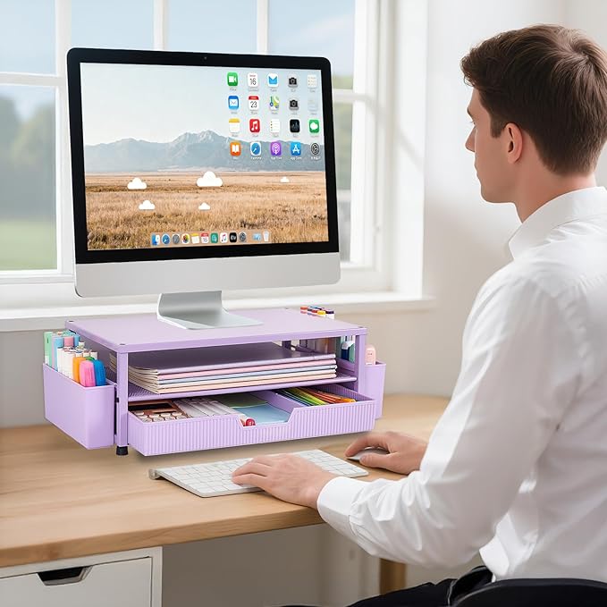 Desk Organizer and Accessories, 2-Tier Computer Monitor Stand Rise with Storage Drawer & 2 Pen Holders, Laptop & Printer Stand for Desktop, Workspace Organizers for Office Supplies (Purple)