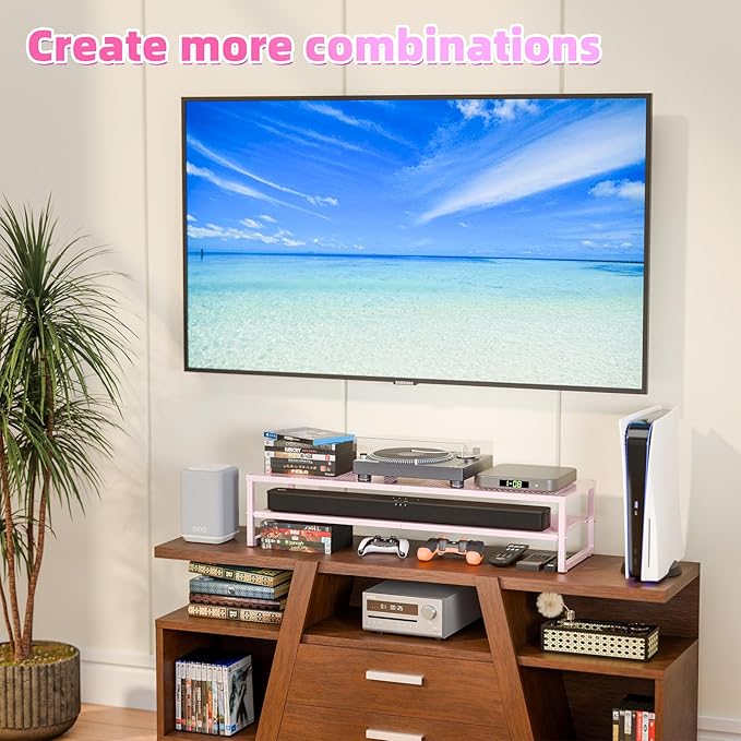 Simple Trending 2 Tier Metal Dual Monitor Stand Riser, Computer Office Desktop Organizer for 2 Monitors with 32"x10" Mouse Pad for Laptop, Printer, TV, Pink