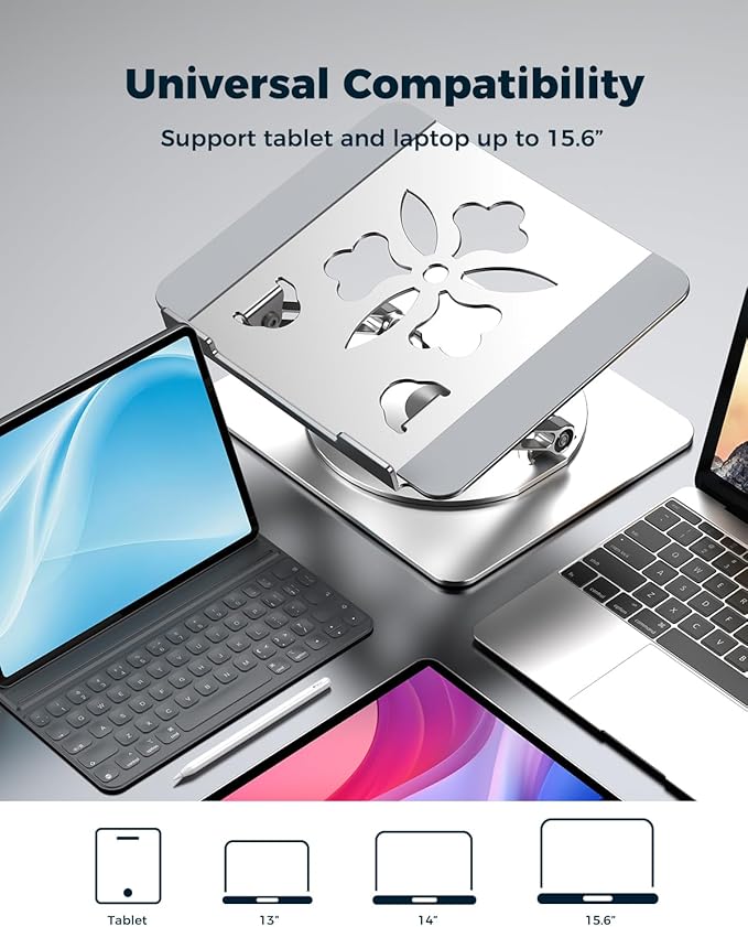 Adjustable Laptop Stand for Desk - Portable Laptop Riser with Rotating Base, Foldable Aluminum Computer Stand, Ergonomic Laptop Holder for MacBook Pro/Air Dell HP Lenovo Notebook up to 16" (Silver)