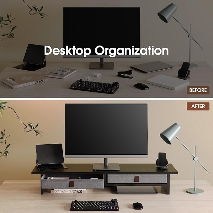 Fenge Monitor Stand with Drawer, 2 Tiers Dual Monitor Riser for Desk, 35 Inch Computer Stand for 2 Monitors, Desk Shelf for Home, Office, Laptop, PC, TV, Printer