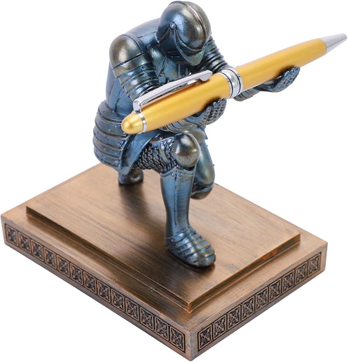 Knight Pen Holder Desk Ornament Resin Pencil Holders Desk Accessories and Organizer For Men with a Cool Pen (Blue)