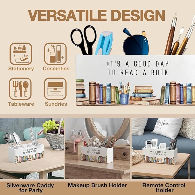 Book Lover Gifts Pen Pencil Holder Organizer for Desk Accessories, Reading Nook Corner Decor, It's a Good Day to Read a Book Wooden Box Signs Decorations for Home Classroom Desk Tabletop