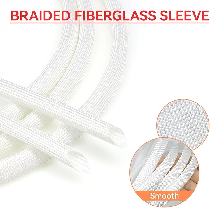 Braided Fiberglass Sleeve, 10ft High Temp Cable Sleeve, Flexible Cable Management Cable Protector for Car Wire Loom Protection (White, 1")