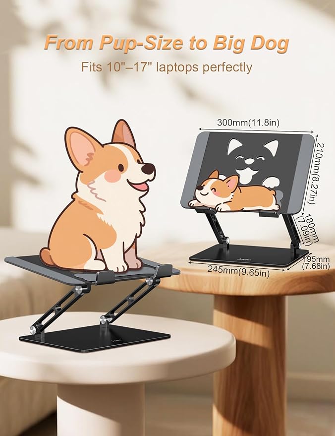 Laptop Stand for Desk – Adjustable Portable Laptop Riser, Aluminum Laptop Holder Compatible with MacBook Air Pro, Dell, HP, Lenovo (10"-17.3"), Featuring Unique Puppy Panel Design, Black