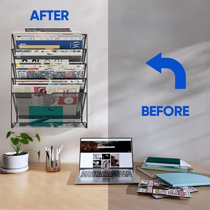 6-Tier Magnetic File Holder, No Drilling Installation File Cabinet Organizer,Black Magnetic File Holders, Magnetic Paper Holder for Refrigerator,File Cabinets, Whiteboard