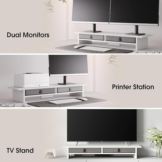 Fenge Monitor Stand with Drawer, 2 Tiers Dual Monitor Riser for Desk, 35 Inch Computer Stand for 2 Monitors, Desk Shelf for Home, Office, Laptop, PC, TV, Printer