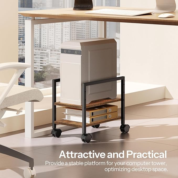 HOOBRO PC Stand, 2-Tier PC Tower Stand Fits Most Computer Towers, CPU Holder for Floor, Height Adjustable, CPU Stand with Wheels Under Desk, for Home Office, Rustic Brown and Black BF11CJ01