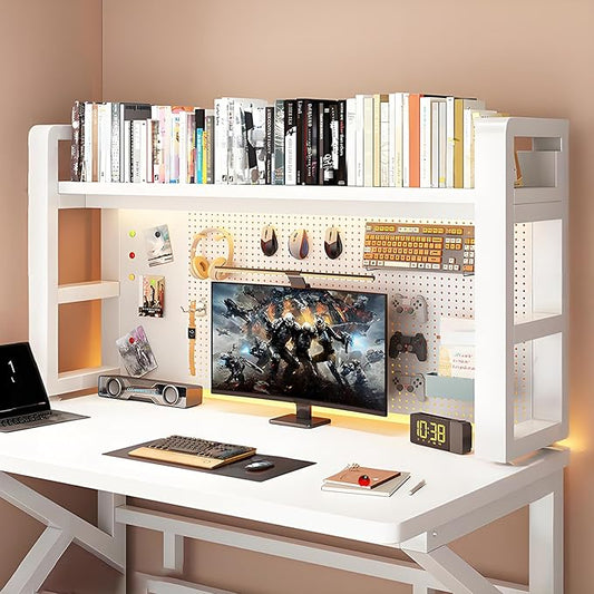 2/3 Tier Desk Hutch with Pegboard, Desk Shelf Organizer with Metal Frame, Space Saving Desktop Bookshelf, Desktop Shelf Organizer Display Rack for Study Table, Home, Of White+White 22×10×26"(2-Tiers)