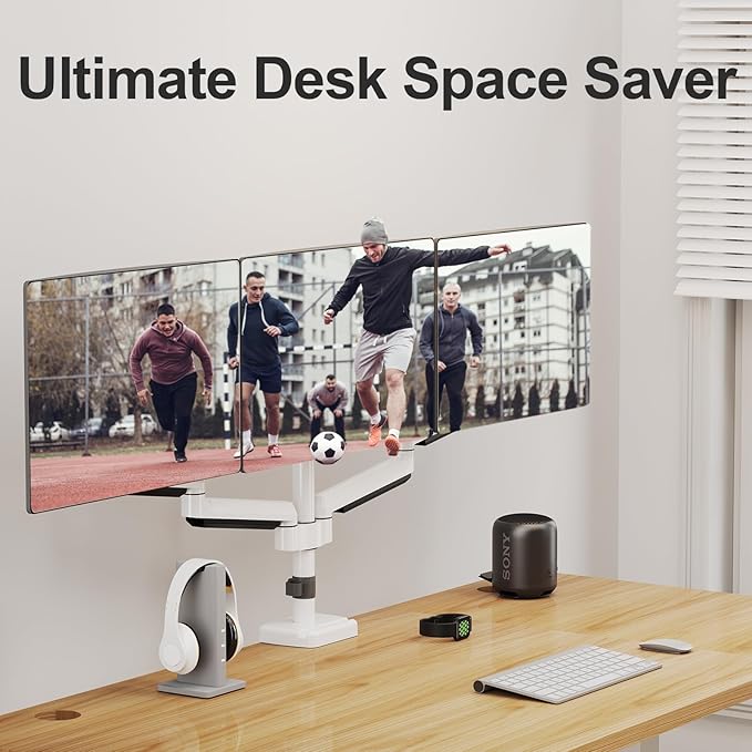 MOUNT PRO Triple Monitor Mount, 3 Monitor Desk Mount for Three Screens up to 32 Inch, Full Motion Gas Spring Heavy Duty Arm Hold up to 19.8lbs Each, White