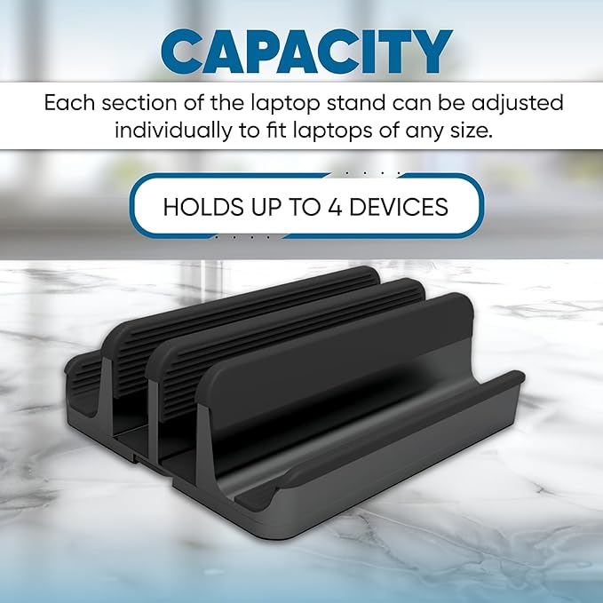 Elestoria 4- Slot Vertical Laptop Stand - Aluminum Laptop Stand Vertical for Desk - Fits MacBook Pro/Air, Surface, Mobiles & Gaming Laptops up to 17.3" - Heavy Duty Laptop Holder for Desk - Black