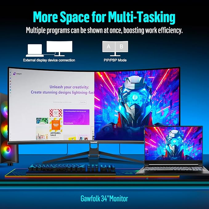Gawfolk 34 Inch Ultrawide Curved Gaming Monitor, 1500R PC Screen 165hz UWQHD 4K, Curved Computer Screen with FreeSync, Support Wallmount 75x75mm-Black