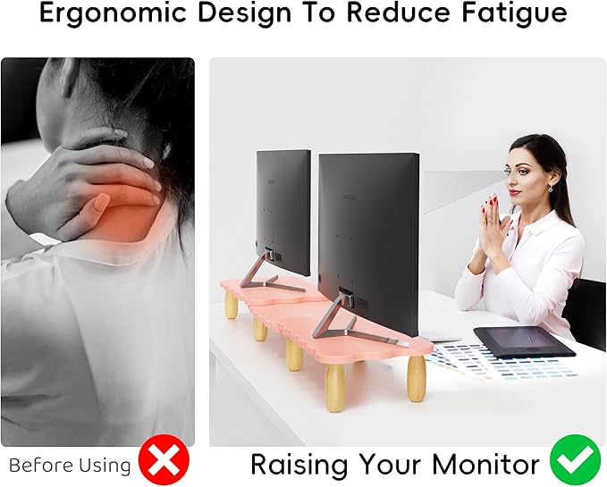 Dual Monitor Riser, Cookie-Shaped Adjustable Length & Swivel Angle, Wooden Desktop Organizer for 2 Monitors,Monitor Stand with Drawer for Laptop, PC, Computer, Printer,Pink