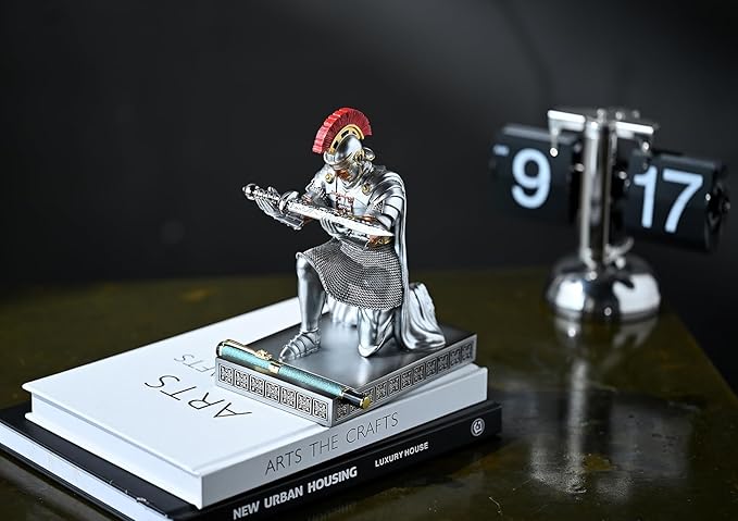 Roman Praetorian Prefect Warrior Knight Pen Holder Desk Ornament Resin Praetorian Guard Mobile Phone Stand Desk Accessories and Organizer for Office with a Letter Opener (Silver)