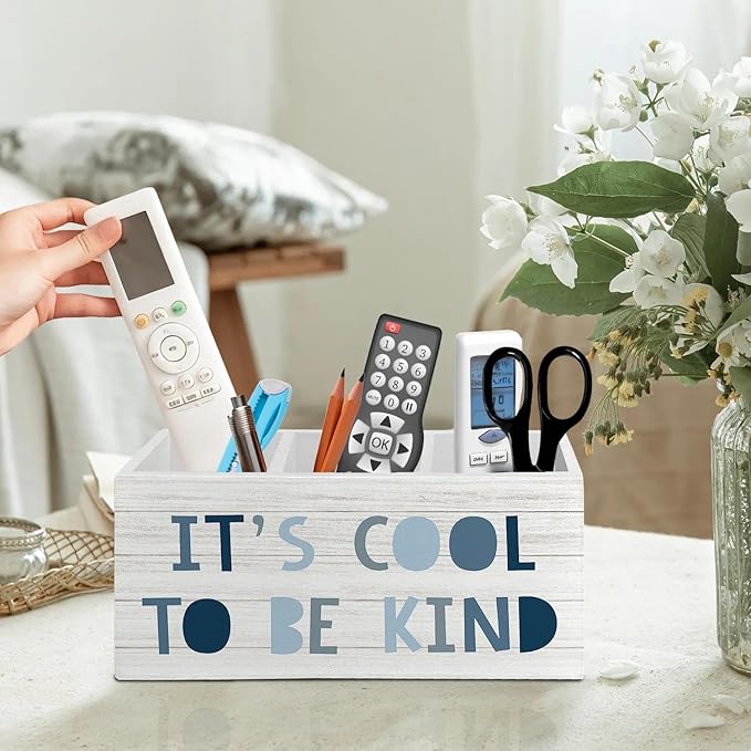 Boho Blue Pen Pencil Holder Organizer for Desk Accessories, Boys Room Decor, It's Cool to Be Kind Wooden Box Signs Decorations for Kids Boys Nursery Bedroom Playroom Desk Tabletop