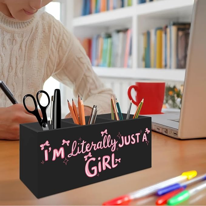 Coquette Pink Bow Pen Pencil Holder Organizer for Desk Accessories, Preppy Girly Room Decor, I'm Literally Just a Girl Wooden Box Signs Decorations for Girls Bedroom Room Dorm Desk Tabletop