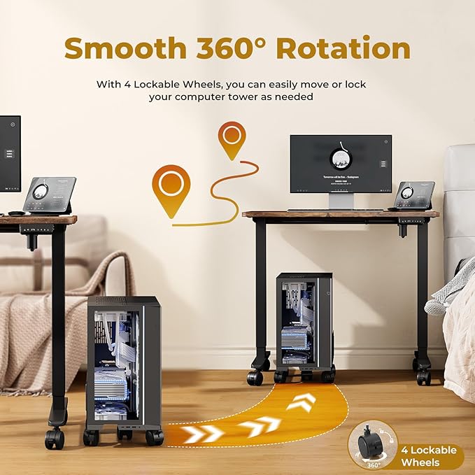 JOY worker Computer Tower Stand, 4.9 to 13.9 inch Wide Adjustable Mobile PC Cart with 5 Wheels, Steel Tower Floor Stand Holds Up to 66 lbs, Rolling Gaming CPU Holder Under Desk, Black