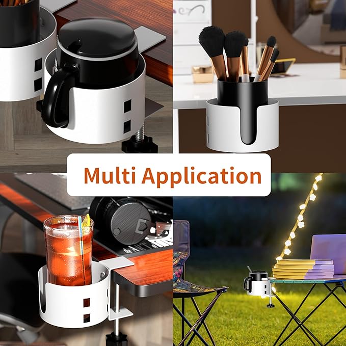 Upgraded Large Desk Cup Holder Clamp, Anti-Spill Cup Holder for Table, Durable 5 Adjustable Directions, Metal Office & PC Gaming Desk Accessories, Enough to Hold Coffee Cups, Water Bottles, White