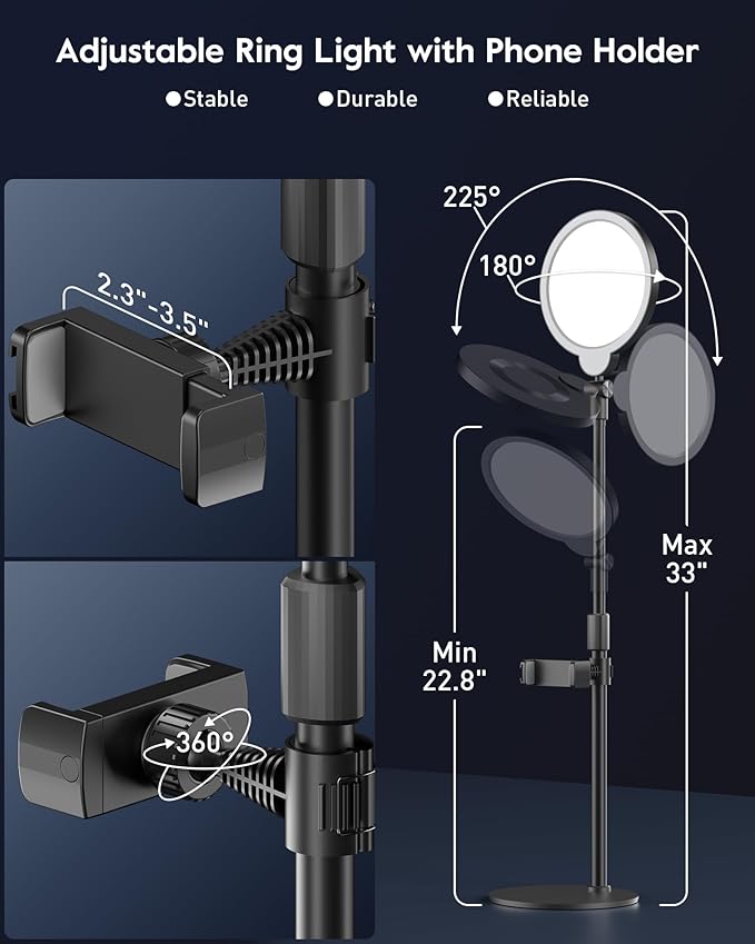 7" Ring Light with Stand for Desk, 3000K-6500K, 30 Lighting Modes for Video Conference, Zoom Lighting for Computer, Adjustable Dimmable Desk Light for Video Recording, Calls, Podcast, Stream, CRI 97.8