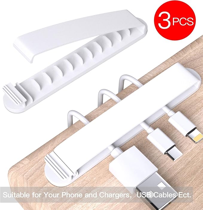 pzoz Cable Clips, 3 Pack Cord Organizer Charger Cable Management for Organizing Home Office Desk Phone Car Cable Wire, Self Adhesive Cord Holders (White)