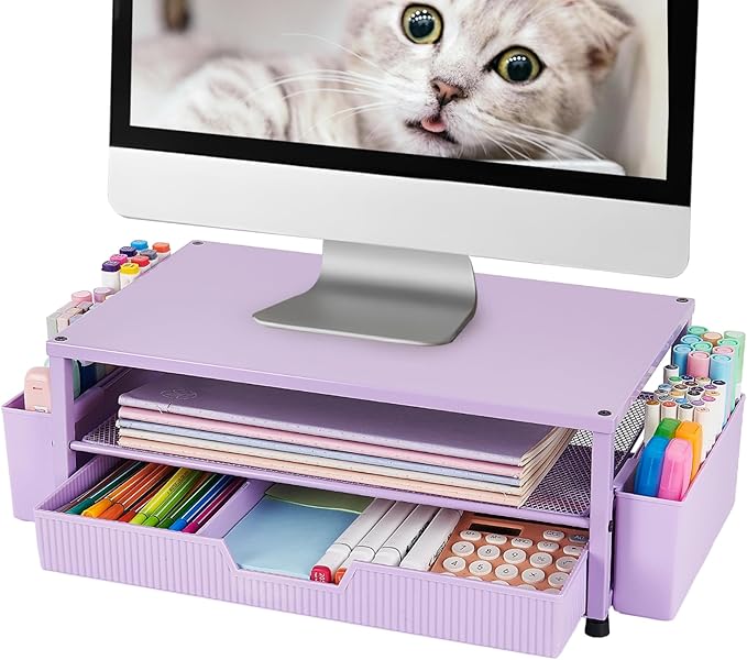 Desk Organizer and Accessories, 2-Tier Computer Monitor Stand Rise with Storage Drawer & 2 Pen Holders, Laptop & Printer Stand for Desktop, Workspace Organizers for Office Supplies (Purple)