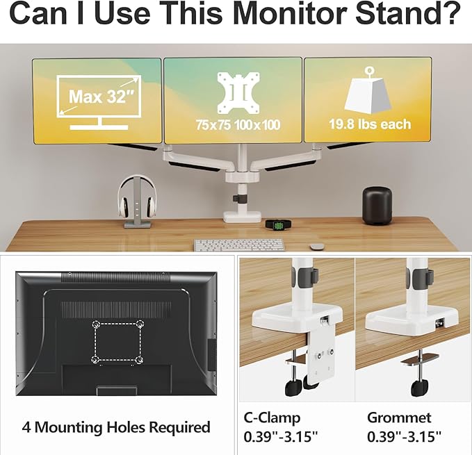 MOUNT PRO Triple Monitor Mount, 3 Monitor Desk Mount for Three Screens up to 32 Inch, Full Motion Gas Spring Heavy Duty Arm Hold up to 19.8lbs Each, White