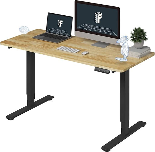FlexiSpot E6 Solid Wood 3-Stage Dual Motor 55 x 24 Electric Standing Desk, Holds 220 lbs, Adjustable Height w/ Memory Presets, Butcher Block Rubberwood Desktop & Black Frame, Ships in 2 Boxes
