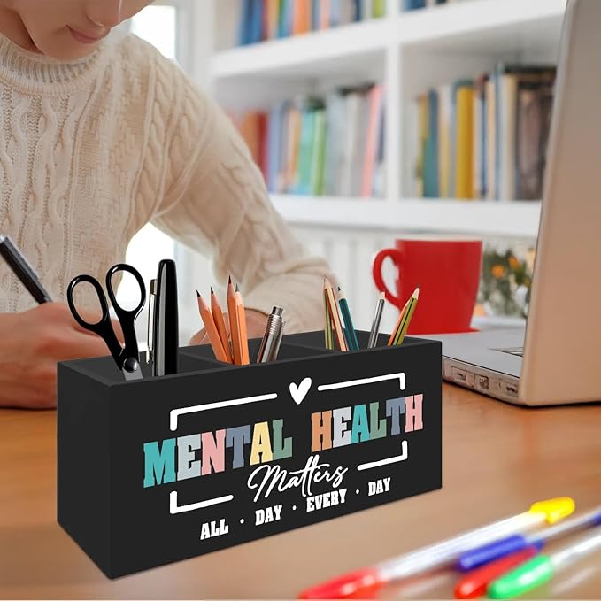 Mental Health Matters Pen Pencil Holder Organizer for Desk Accessories, Therapy Office Decor, Motivational Wooden Box Signs Decorations for Therapist Counseling Office Desk Tabletop
