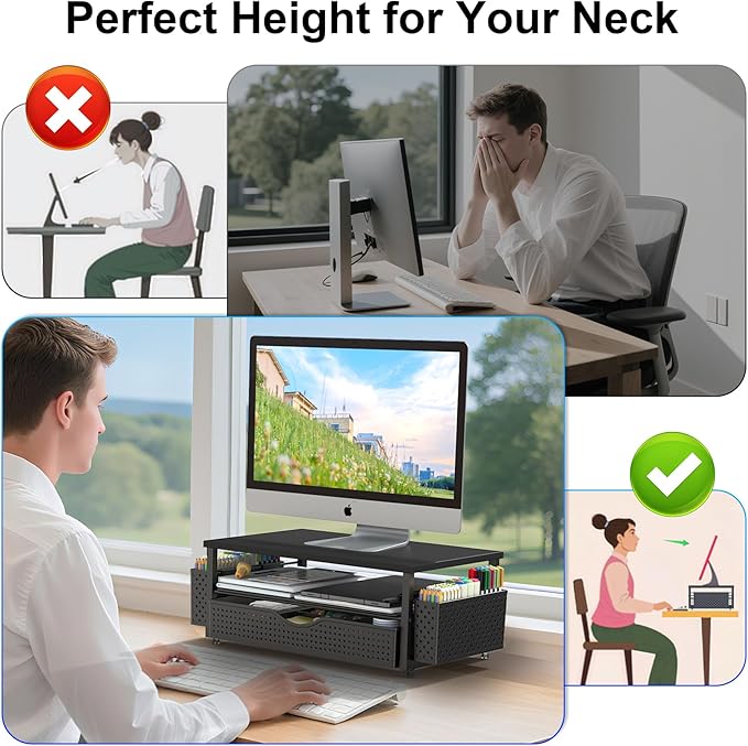 Spacrea Desk Organizer and Accessories, Computer Monitor Stand Riser with Drawer and 2 Pen Holders, Office Desk Accessories & Workspace Organizers for Office Supplies (Black)