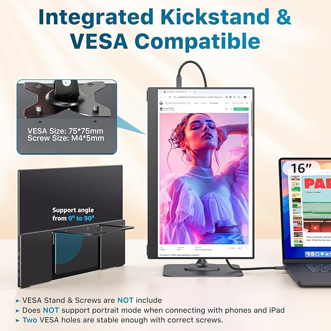 Portable Monitor 15.6 inch 1080P FHD 88% sRGB 60Hz, Travel Monitor for Laptop MacBook Surface PC Xbox PS5, HDMI Dual USB-C VESA Compatible Built-in Speaker, with Kickstand