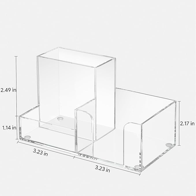 HBlife Acrylic Pen Holder for Desk, 3-Compartment Small Desk Organizer, Clear Office Supplies Desk Accessories with Sticky Notes Holder Stores Post It Notes 3X3 for Office, Home and School