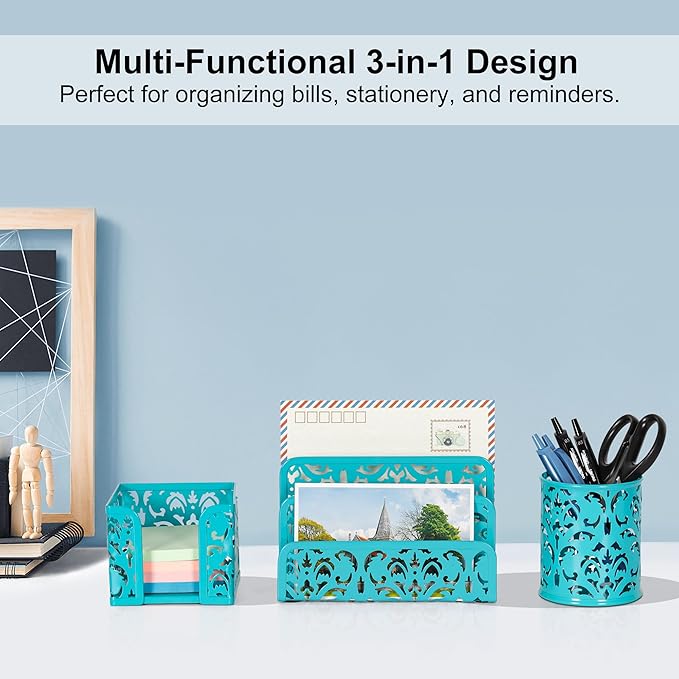 EasyPAG Desk Organizers and Accessories 3 Pieces Office Organizer Set - Pen Holder for Desk, Mail Sorter Countertop and Sticky Note Holder, Dark Teal