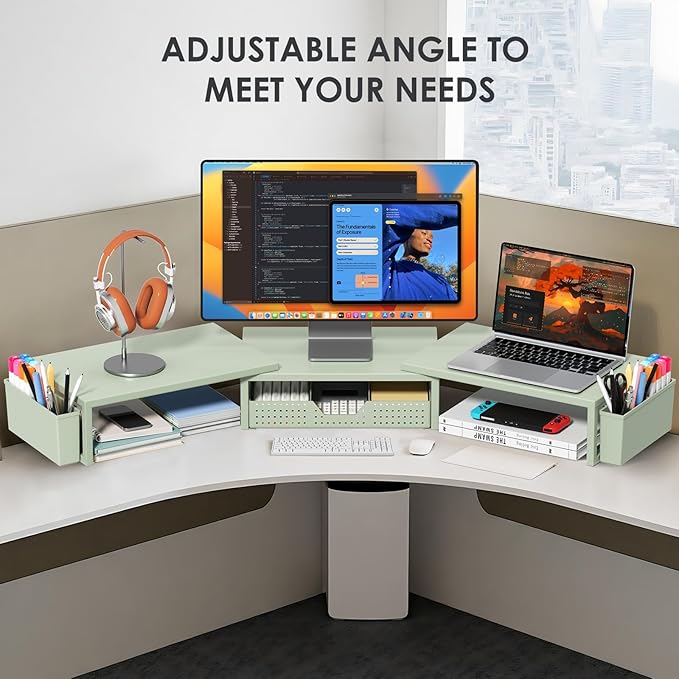 OPNICE Desk Organizers and Accessories, Dual Monitor Stand Riser with Drawer and 2 Pen Holders, Desk Shelf Metal Computer Monitor Stand for Office Workspace Organizers, Desktop Organization (Green)