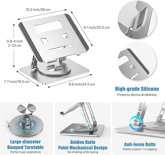 360° Swivel Laptop Stand - 2.5mm Heavy-Duty Aerospace Aluminum, Adjustable Height & Angle, Sturdy Yet Lightweight，Ergonomic Desk Mount for 10-17" MacBook/Dell/HP,Silver
