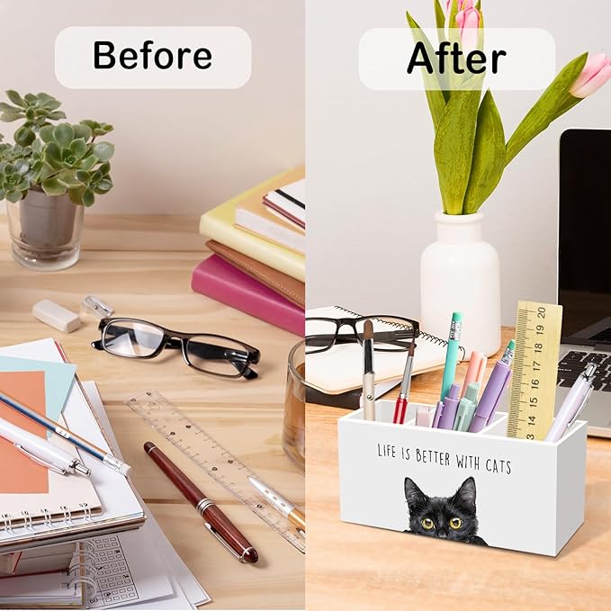 Black Cat Gifts Pen Pencil Holder for Desk, Funny Black Cats Lovers Gift Office Desk Accessories, Life Is Better with Cats Toothbrush Pen Holders Organizer for Women Bathroom Classroom Decor