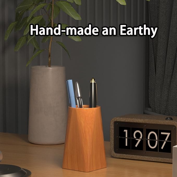 Wooden Pen Holder for Desk - Pencil Cup for Office School Supplies Storage, Natural Wooden pencil cup for students