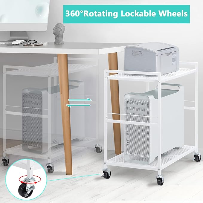 YBING Computer Tower Stand White PC Tower Stand 2 Tier CPU Holder with Wheels Metal Mobile Computer Tower Cart Rolling PC Cart Floor for Fax Home Office